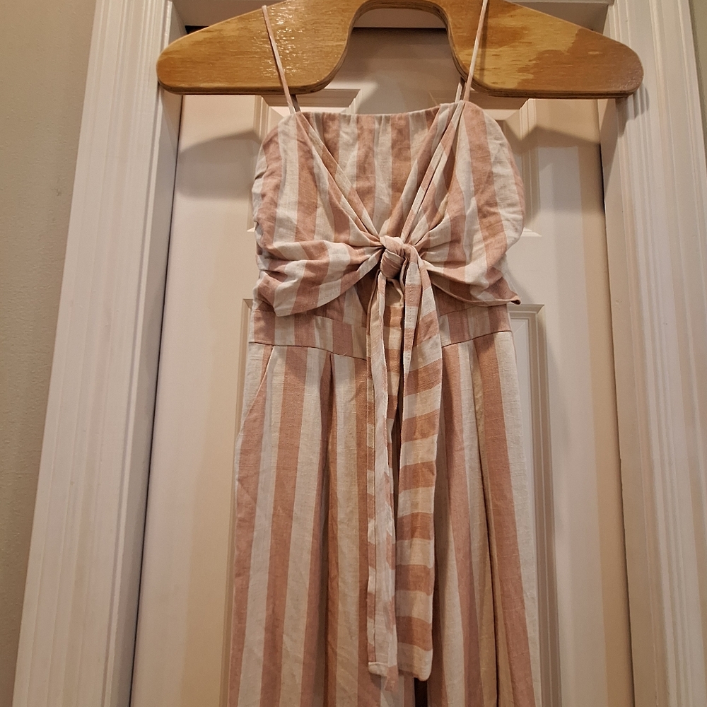 Hummingbird Linen Blend Dusty Pink Cream Stripes Jumpsuit Sz Sm Wide‎ Leg Party